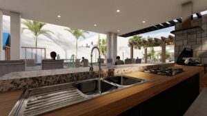 Área común moderna que complementa el estilo de vida de quienes buscan casas con jardín en un entorno residencial.